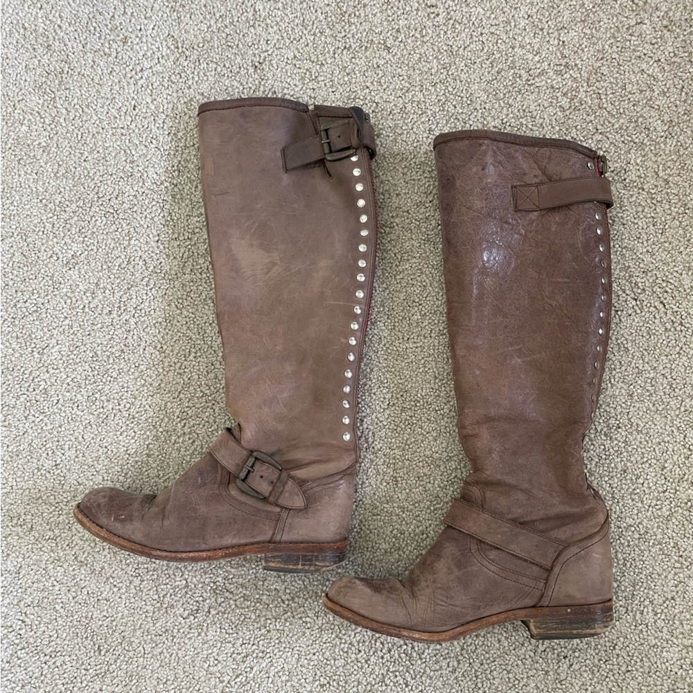 Steve Madden Brown Leather Red Zip Knee High Riding Boots 6.5 Studded Moto